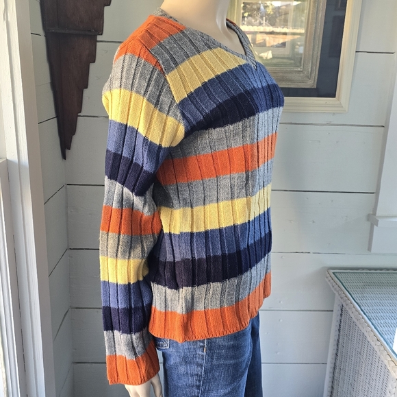 Vintage 90s Vanity Girl Gear Striped Tight Knit Wide Ribbed Sweater V-neck Small - Picture 3 of 6